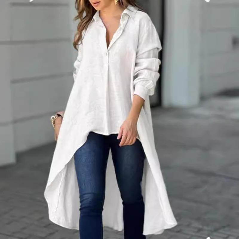 Camisa Casual de Color Sólido para Mujer, Manga Larga, Holgada, Cuello Solapa