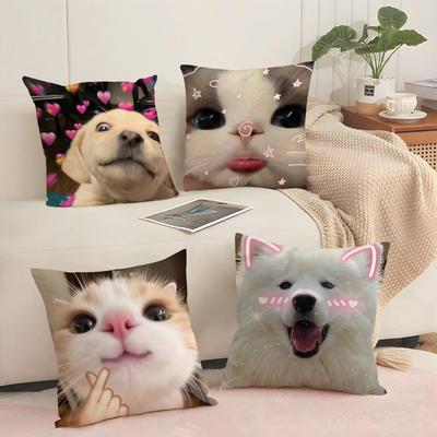 Cute Animal Dog Cat Cushion Cover Silky Short Plush with Invisible Zipper Dustproof Sofa Pillow Cover for Home Decor