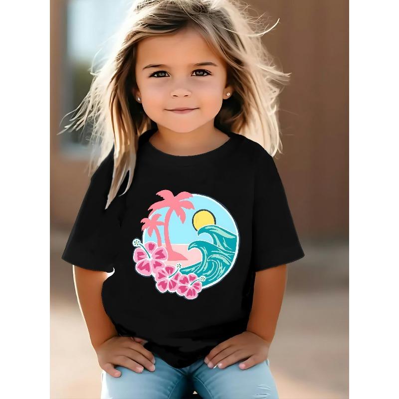 European Size Girls Round-neck Short-sleeved T-shirt with Hawaiian Beach Pattern Print