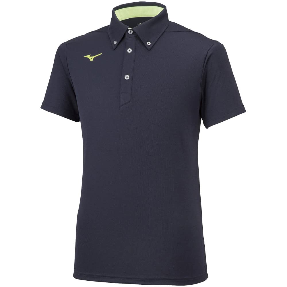 Mizuno Training Wear Polo Short Deep Size M Shirt, Button-Down, Sleeve, Moisture-Wicking, Quick-Drying, Navy/Neolime,