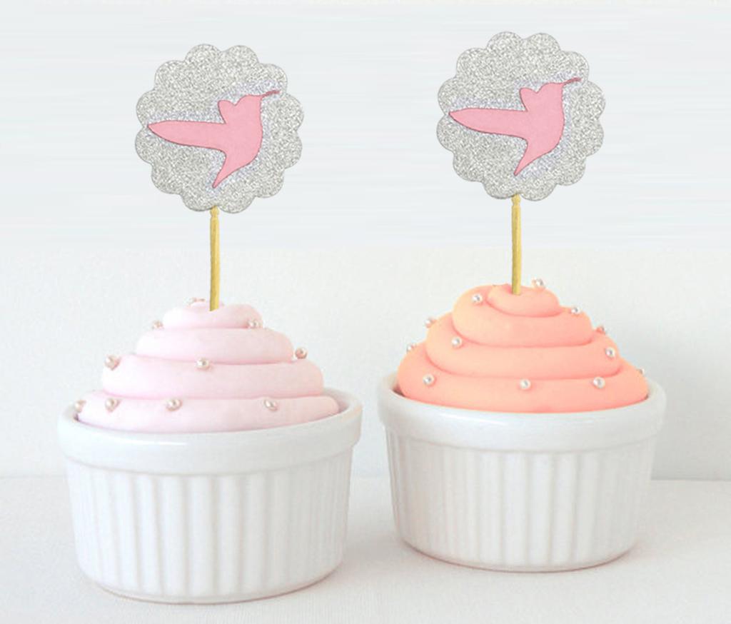Darling Souvenir| Glitter Scallop Edge Bird Cupcake Toppers| Wedding - Birthday Party Dessert Decorations - Pack Of
