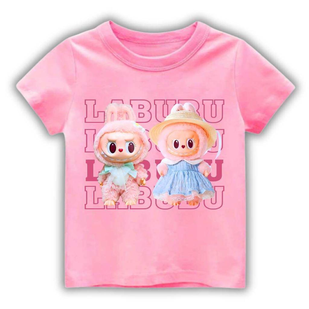 Summer LABUBU Pattern Children's T-shirt Cartoon Princess Skirt Labubu Printed Girl Round Neck Short Sleeve Casual Children's Top