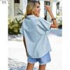 DX~Women's Cotton Linen Shirt Short Sleeved Henry Shirt Button Up V-neck Casual Work Top with Two Pockets
