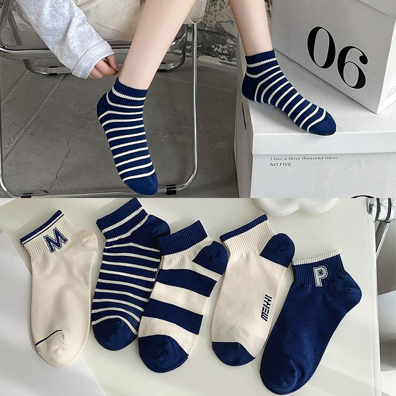 Striped socks for women, low-top ship socks, breathable navy style sports cotton socks, spring and autumn short-sleeved women's socks