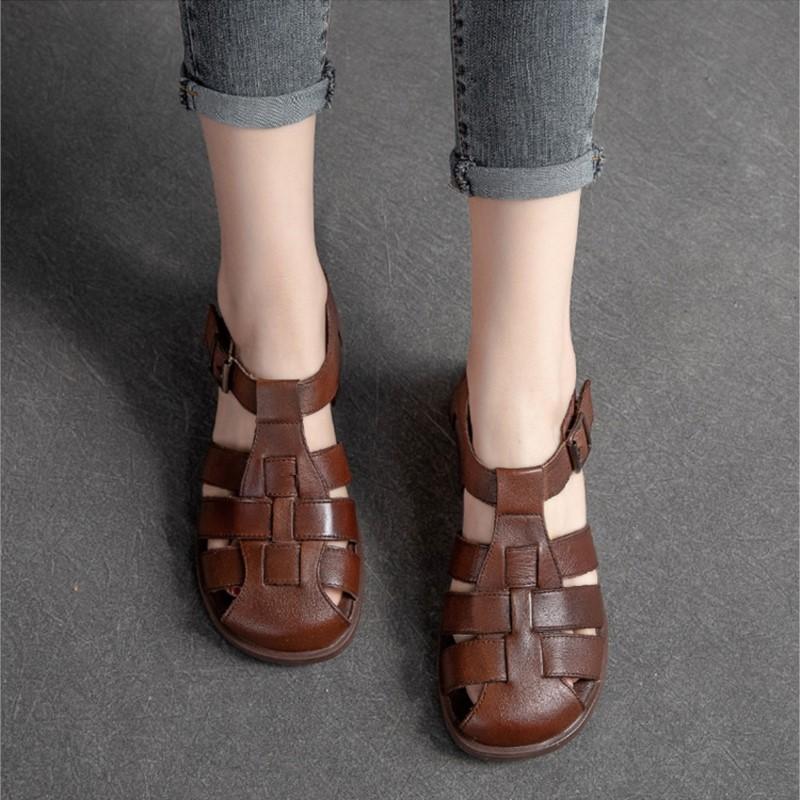 Johnature Genuine Leather Low Heel Breathable Sandals Retro Versatile Solid Color Women's Shoes