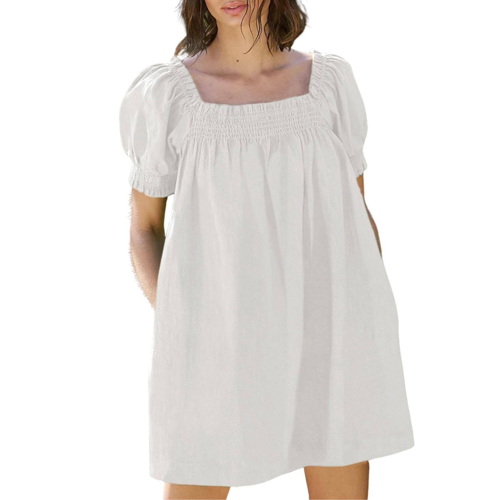 

Женское летнее свободное повседневное платье с коротким рукавом и U-образным вырезом S белый