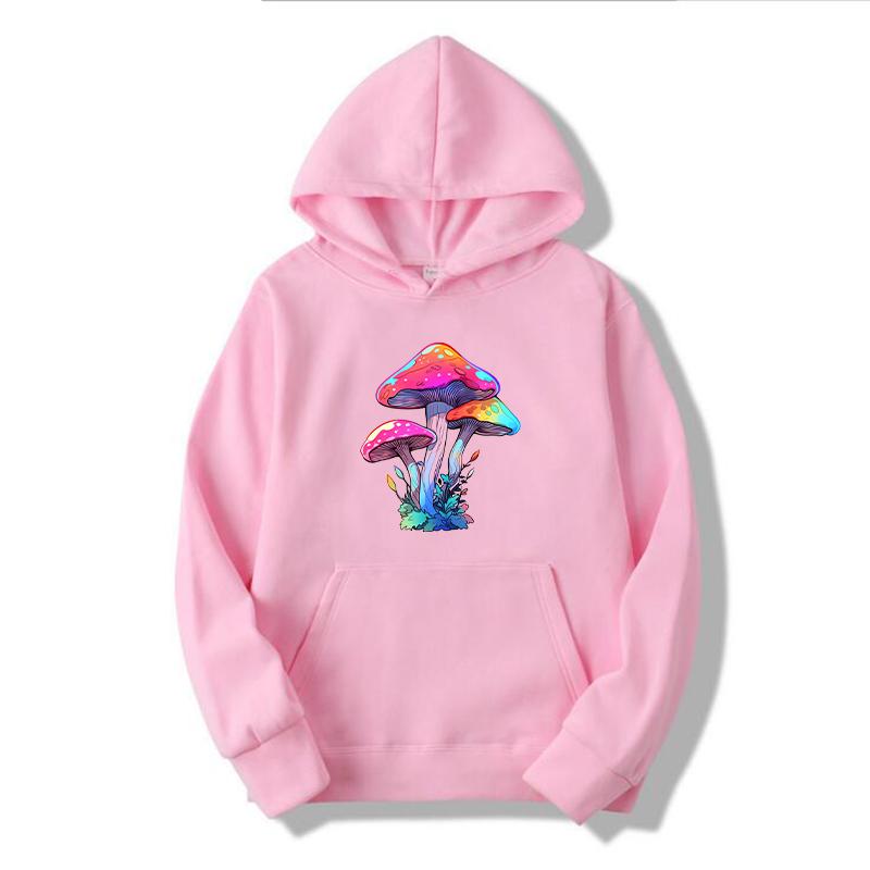 Women's Spring and Autumn Colorful Mushroom Print Hooded Sweatshirt Casual Long-sleeved Pullover