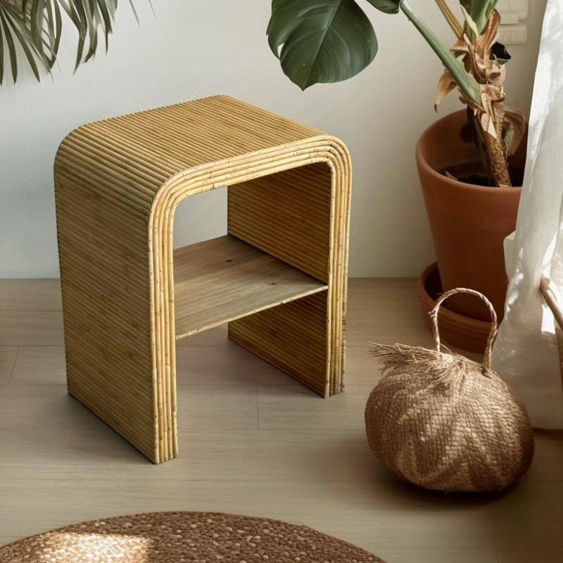 Handwoven Rattan & Bamboo Side Table, Double-Layer Storage Tea Table,Vintage Country Style Corner Table for Living Room Balcony