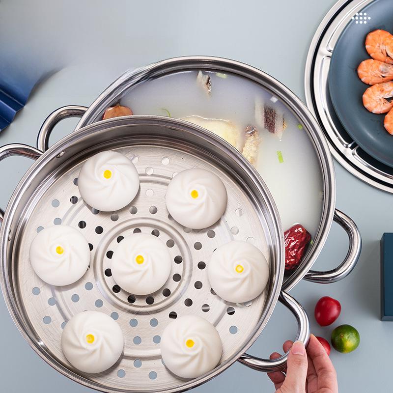 Oală Vapor din Oțel Inoxidabil cu Gratar Dublu - Capacitate Mare pentru Gătit și Aburit, Cadou Ideal pentru Festivalul Mijlociului Toamnei sau Ziua Națională