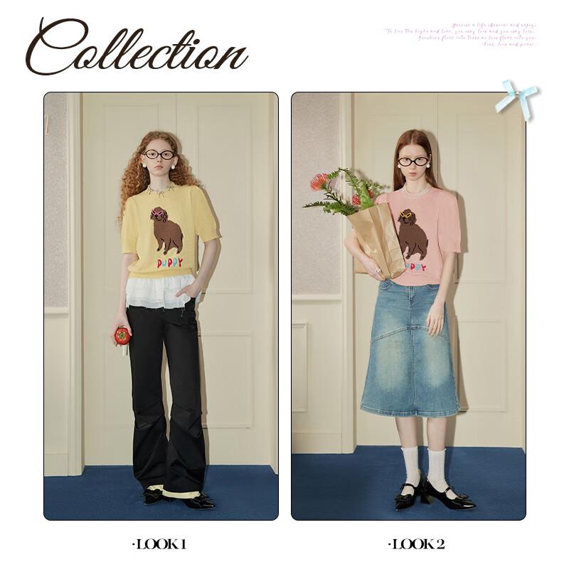 GREEN BELT Puppy Embroidered Ice Silk Knit T-Shirt