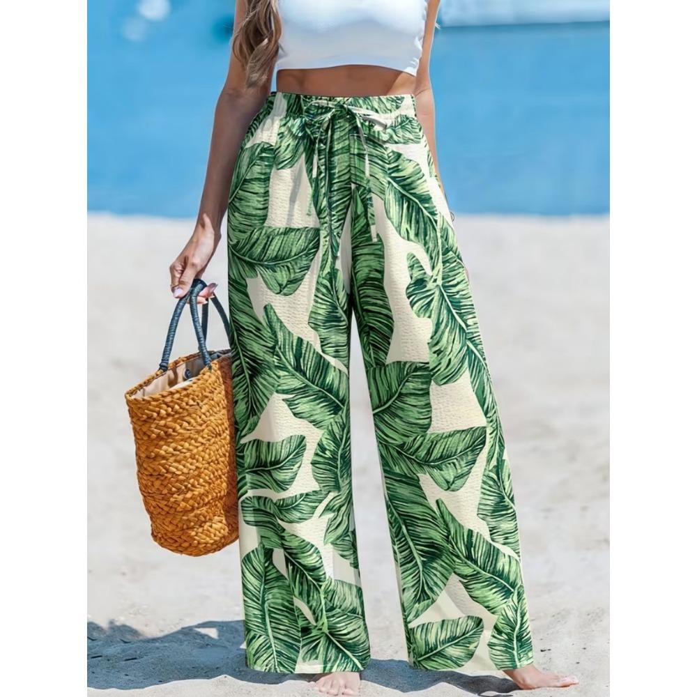 Women s flower wide leg pants with high waist, loose and lightweight elasticity, casual and loose straight leg vacation pants S