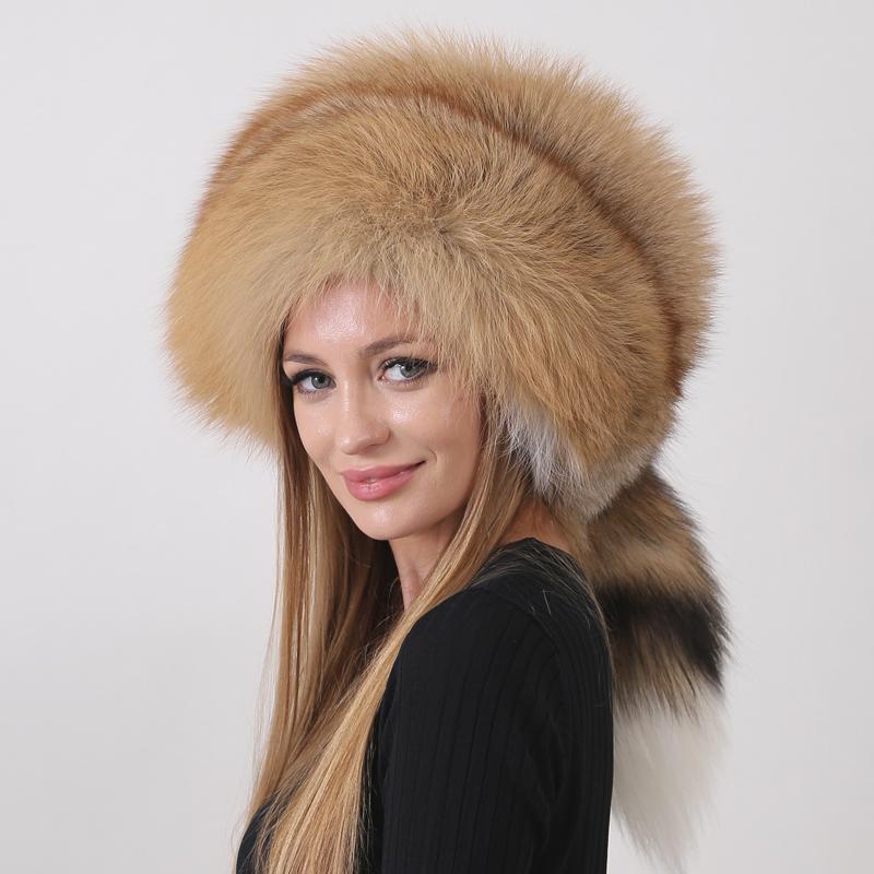 New Fashion Natural Fox Fur Hats for Women Warm Winter Hat with Tail