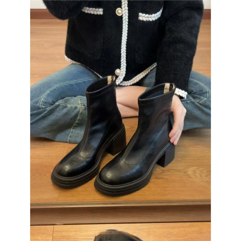 

Soft leather high-heeled thin short boots women s 2025 new square head rear zipper Martin boots thick-soled thin boots 34