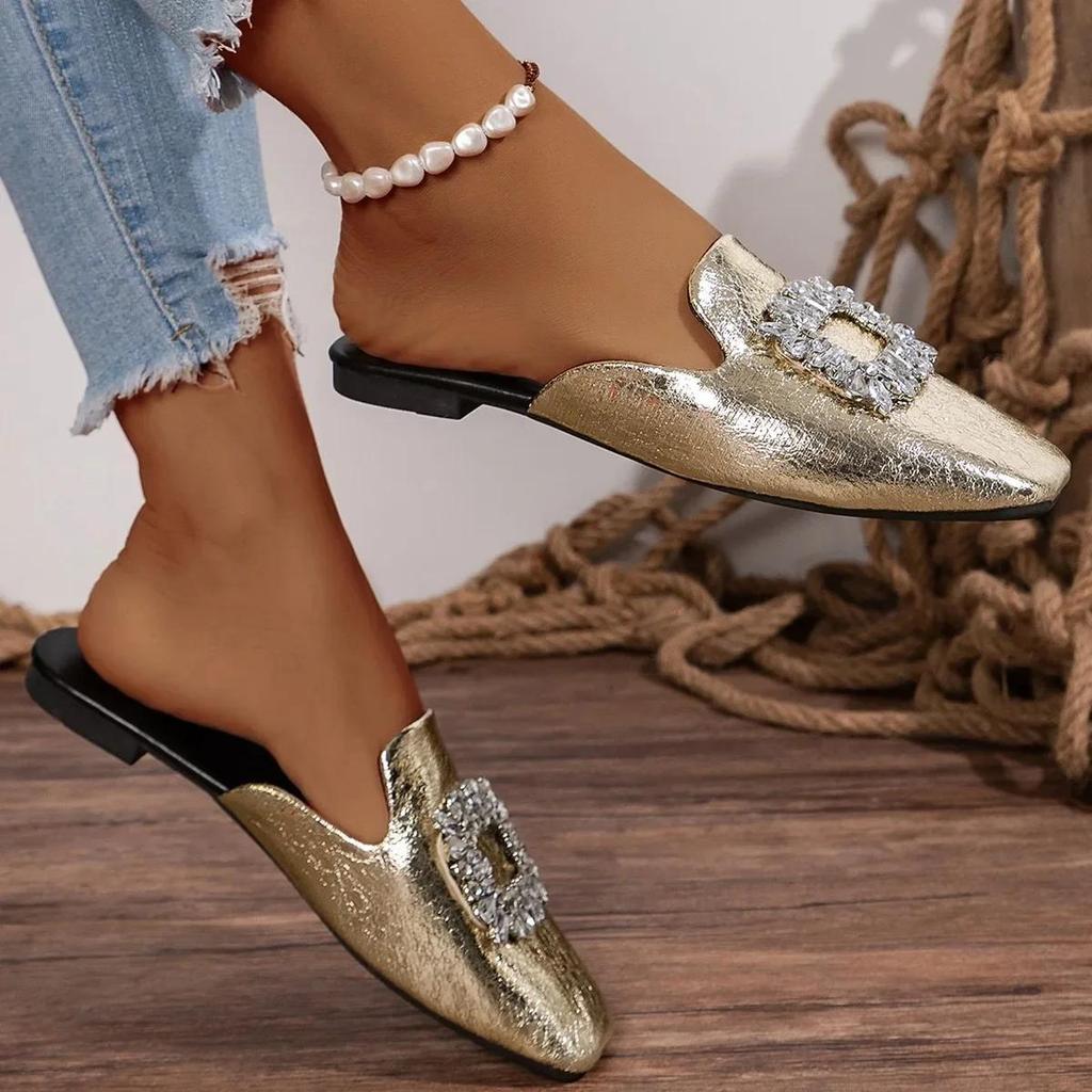 2026 Sommer Neu Damen Eckige Zehenpartie Flache Hausschuhe Strass-Schnalle Mules Damen Outdoor Damen Leichte Freizeit-Slipper