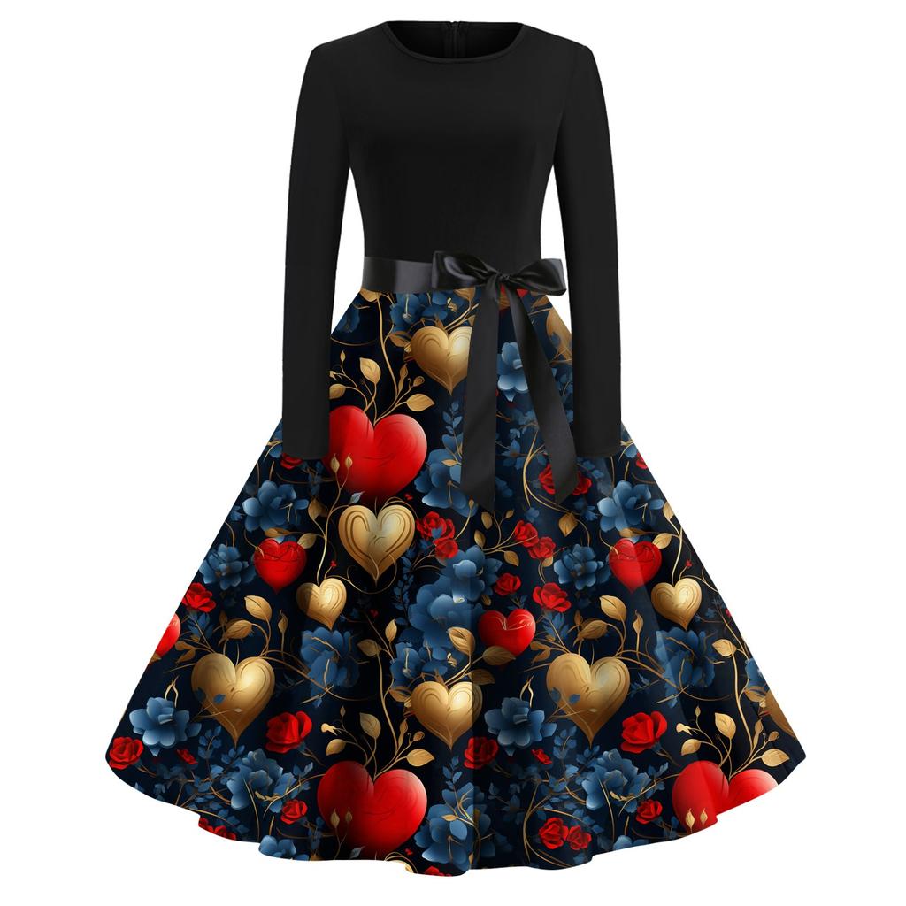 Women's Printed Round Neck Big Hem  Skirt Pleated Skirt Long Sleeved Dress Dress