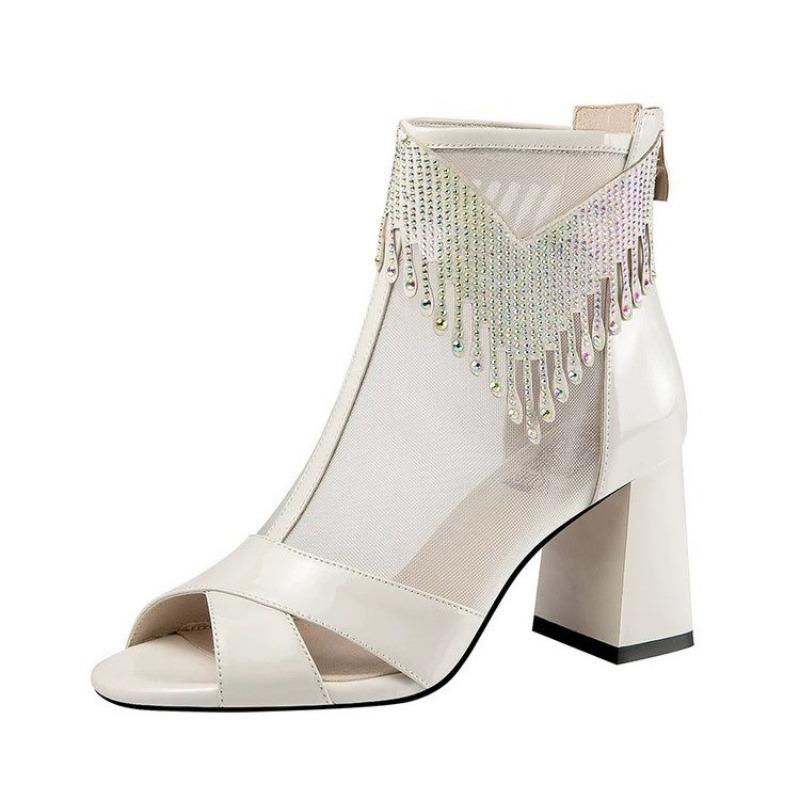 Fashion Fish Mouth Sandals Spring New Round Head Open Toe Mesh Cloth Breathable After Zipper Anti-slip Wear-resistant High Heels