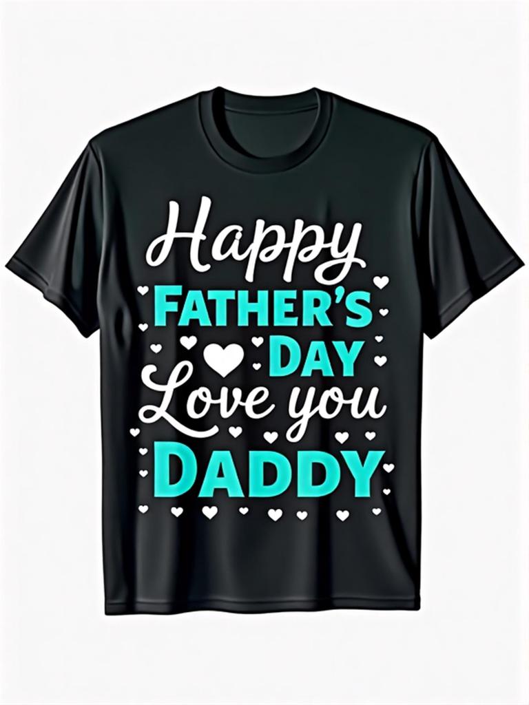 Happy Fathers Day Daddy Love Tshirt Heart Graphic Black Crew Neck Tee Turquoise White Print 220gsm Casual Short Sleeve Top Perfect Gift For Dads