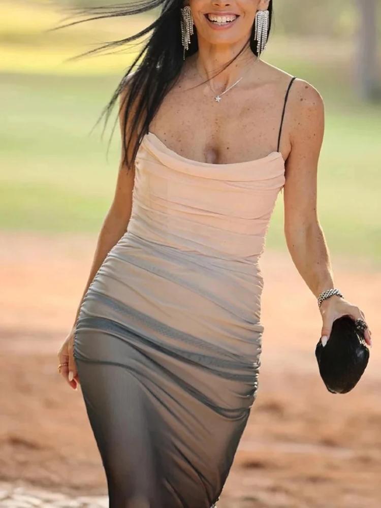 Women's Gradient Printed Tulle Halter Midi Dress Fashion Sexy Backless Spaghetti Strap Dress Summer Party Slim Dresses