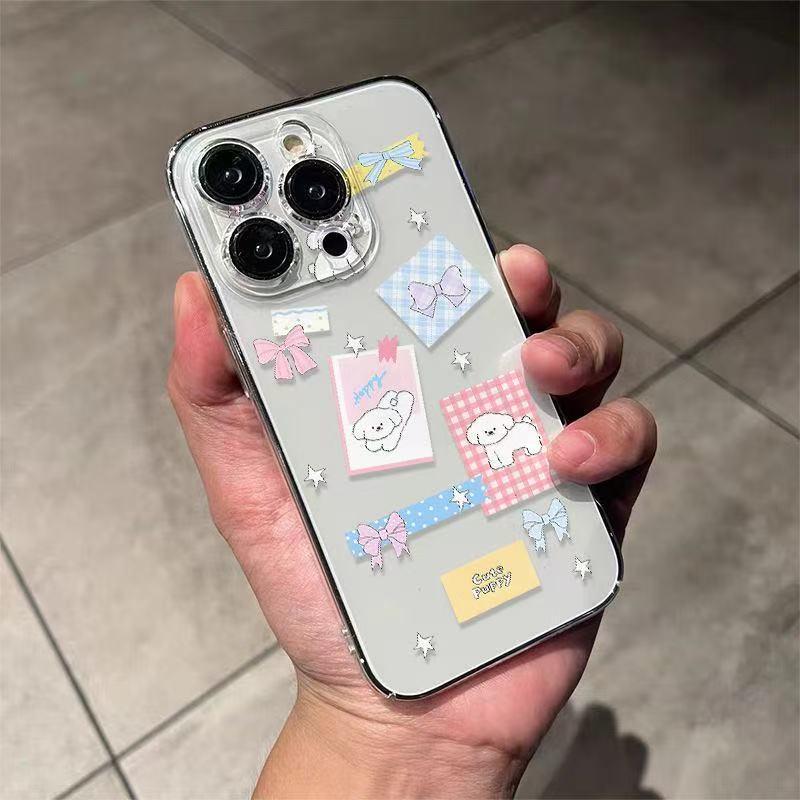 

Korean Style Bowtie Puppy iPhone 17 Pro Max Soft Transparent Case for Apple 16, 13, 14, 15 XR iPhone 15