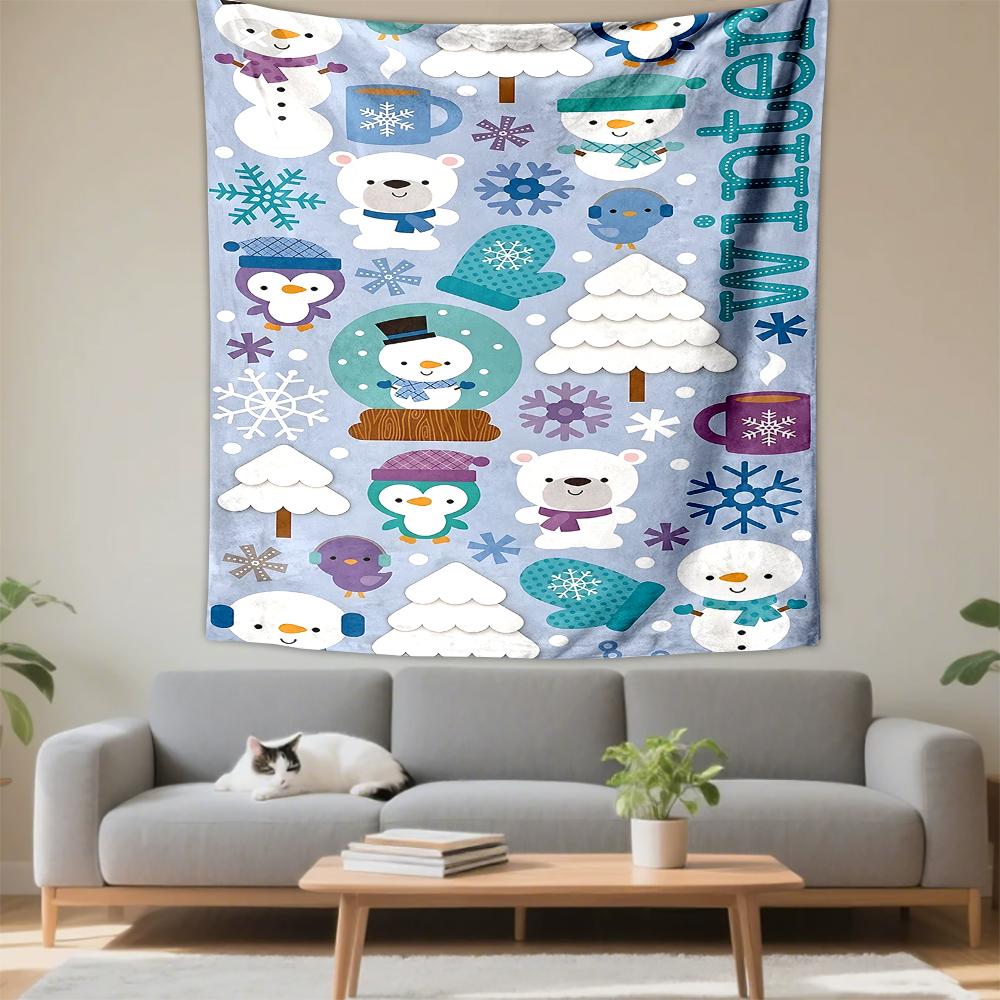 Vertical Tapestry Cute Winter Pattern Penguins Snowmen Polar Bears Snowflakes Blue Wall Hanging Dorm