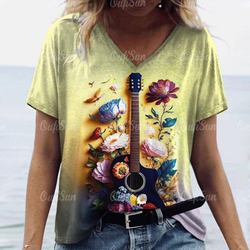 Aesthetic V Neck Women T-Shirts Guitar Graphic Fashion Short Sleeve Harajuku Y2k Floral Tops Oversized Casual Tee Female Clothes