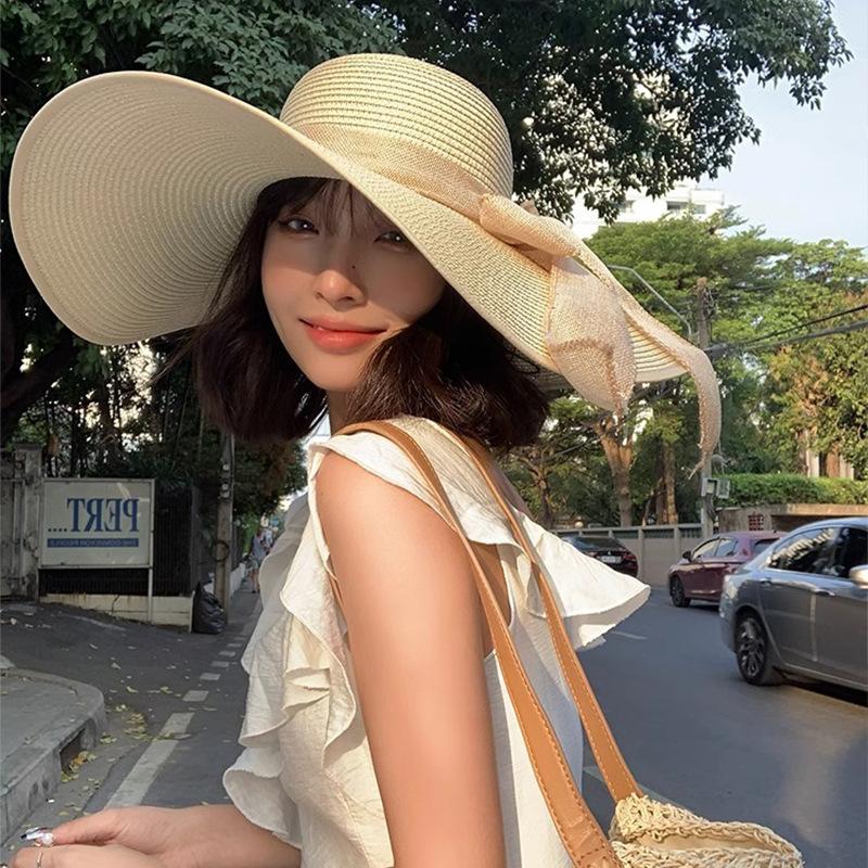 Big Hat Brim Wavy Lace Bow Knitted Straw Hat Women Travel Sun Protection Sun Hat Beach Sun Hat