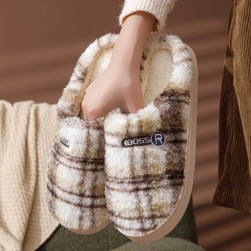 Patterned home cotton slippers women's autumn and winter warm cotton mops indoor and outdoor couple slippers plush confinement cotton shoes