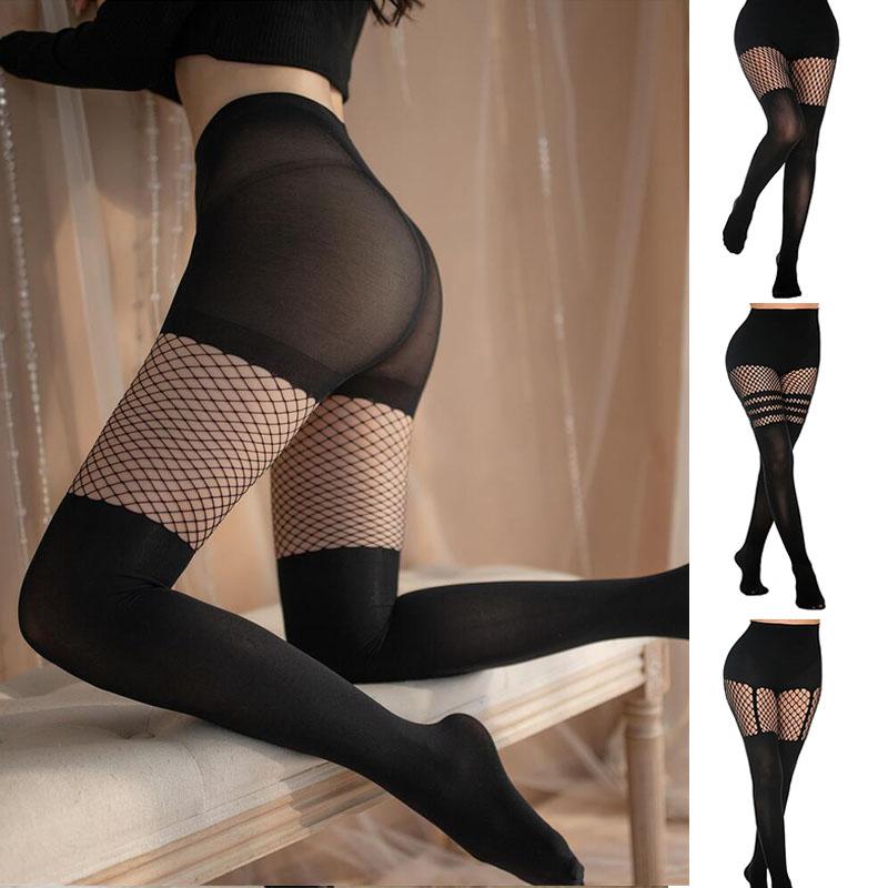 Meia de Seda Preta Meias Sexy de Rede Feminina Vazada Respirável Meias Calças de Seda Altas