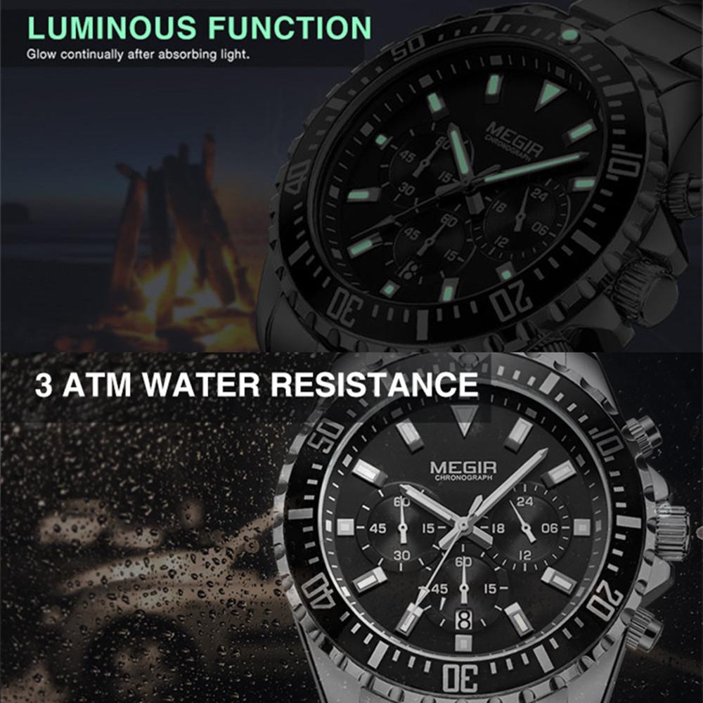 MEGIR Business Watches Men Luxury Quartz Luminous Wristwatch Waterproof Stainless Steel Chronograph Clock Date Reloj Hombre 2064