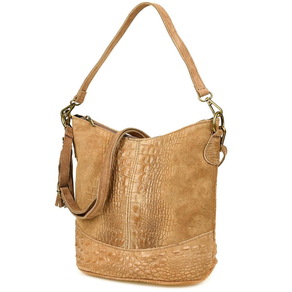 Kožená semišová kabelka CROCO crossbody 2 popruhy taupe Beltimore W13