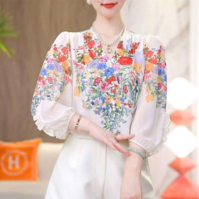 Women's Korean Fashion Ruffle Floral Print Shirt Elegant Chic V Neck 3/4 Sleeve Chiffon Blouse Spring Summer Casual Loose Tops