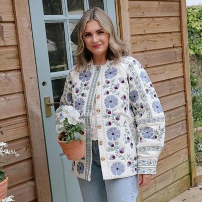 Chaqueta Acolchada para Mujer Chaqueta Acolchada con Estampado Floral Manga Larga Cuello Redondo Abotonadura Abrigo Exterior con Cinturón