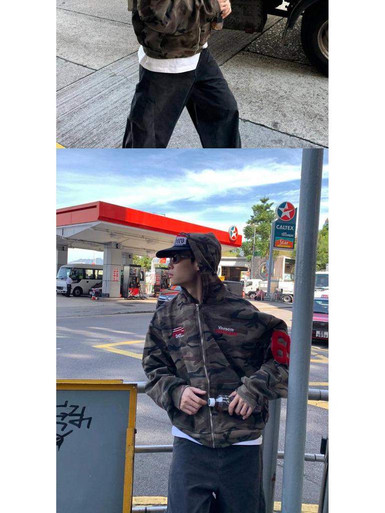 Unisex Retro Camouflage Hooded Cardigan Sweatshirt - Trendy Street Style Loose Fit Hoodie Jacket