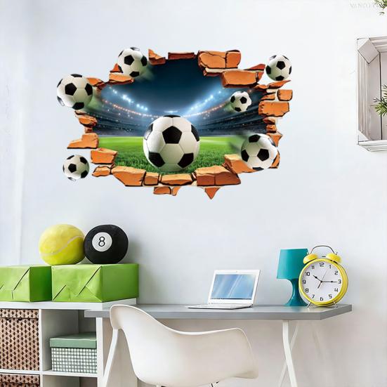 3D Soccer Wall Stickers, Self-Adhesive Soccer Ball Wallpaper Poster, Sports Ball Breakthrough Wall Decals for Boys Bedroom Playroom