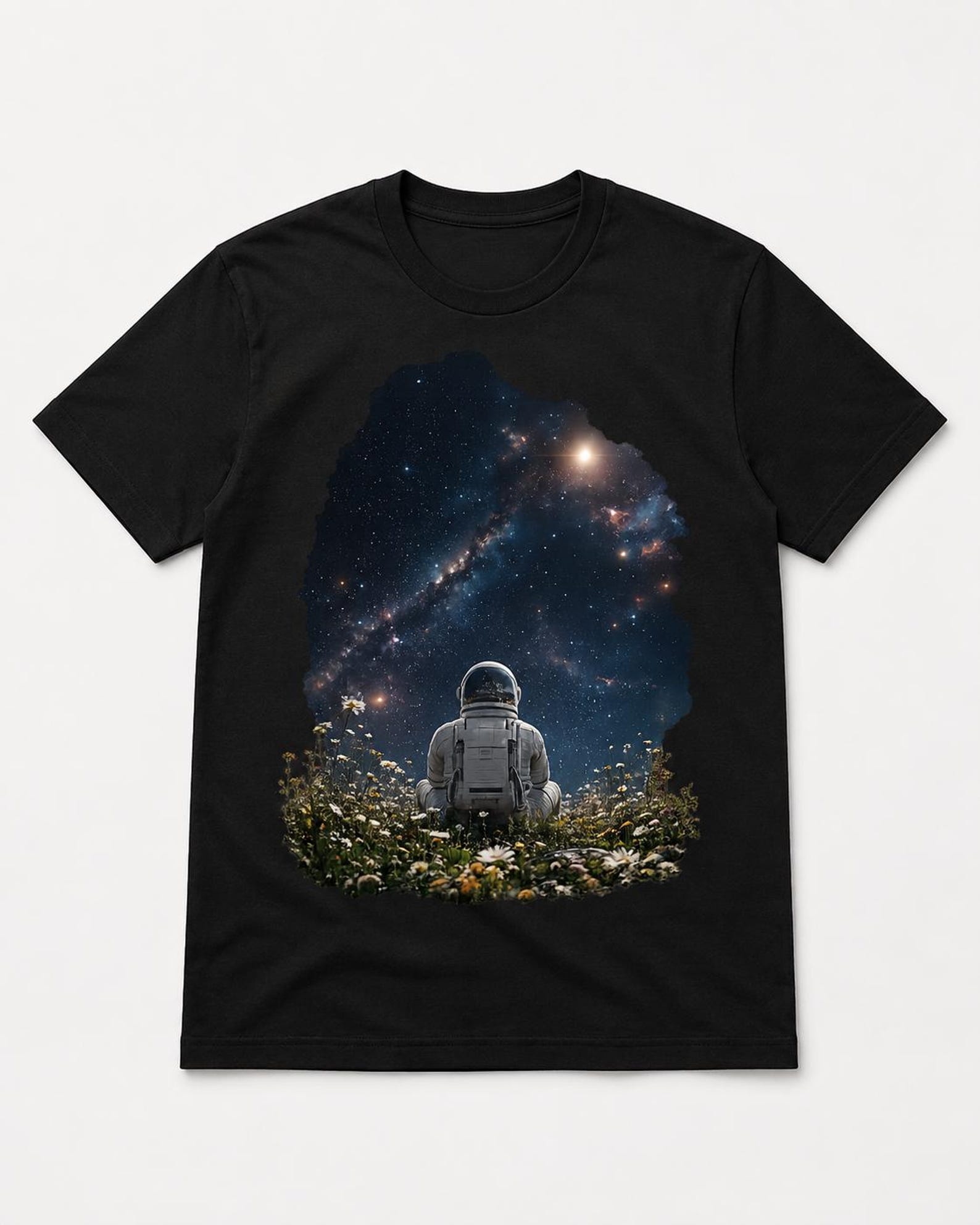 Astronaut Flower Field T-Shirt, Surreal Cosmic Garden Graphic Tee, Dreamy Space Lover Shirt L