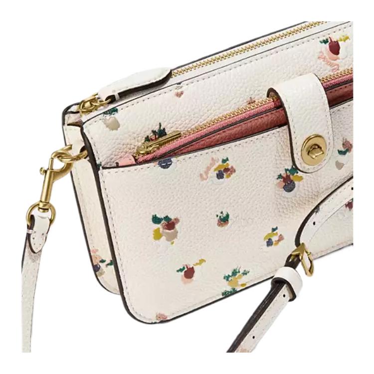 New COACH Polished Pebble Leather Clutch, Shoulder Bag, Crossbody Bag Trumpets Women's Chalk White/Pink C5874-B4CAH