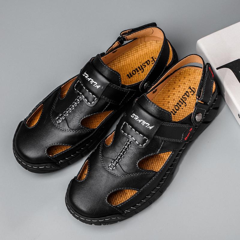 Hot Men Roman Sandals Genuine Leather Classics Black Sandals Non-Slip Rubber Sole Flat Beach Slides Slipper Man Plus Size38-48