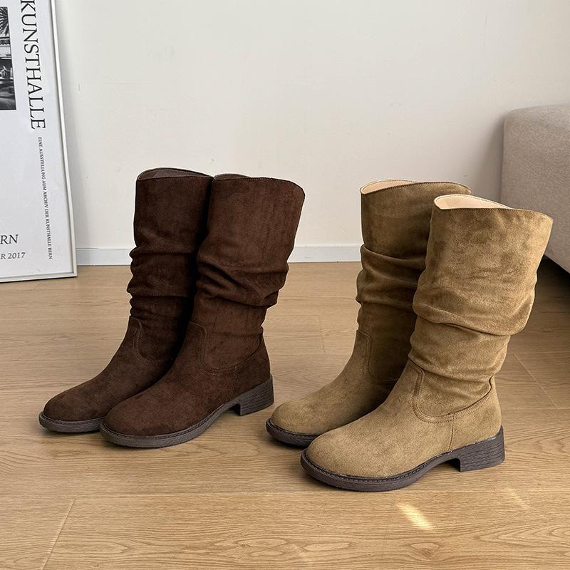 2025 new British suede round head thick heel stacking boots cowboy boots fashion knight boots thin boots women's foreign trade