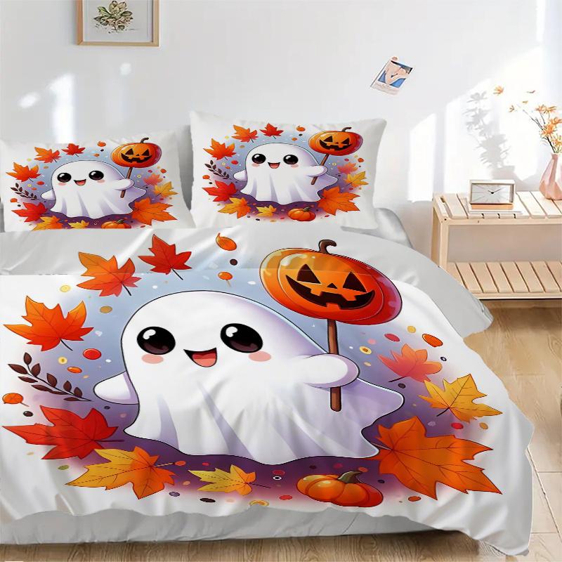 3pcs Happy Ghosts & Pumpkins Quilt Set Soft and Comfortable Bedroom, and Dorm Decor Bedding Set 1 Quilt Cover + 2 Pillowcases.L052