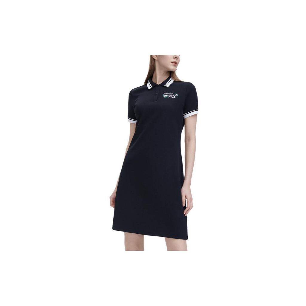 FILA Solid Color Comfortable Fashion Casual Knit Polo Dress Women Dresses Black F11W328311FBK