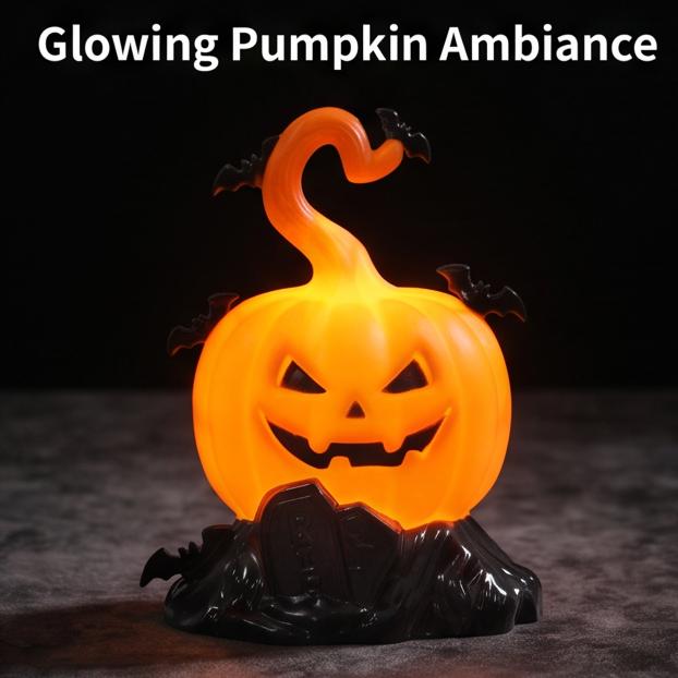 Pack of 2 Halloween Jack-o'-Lantern Pumpkin Decor with Bats  Tombstone Tabletop Ornament