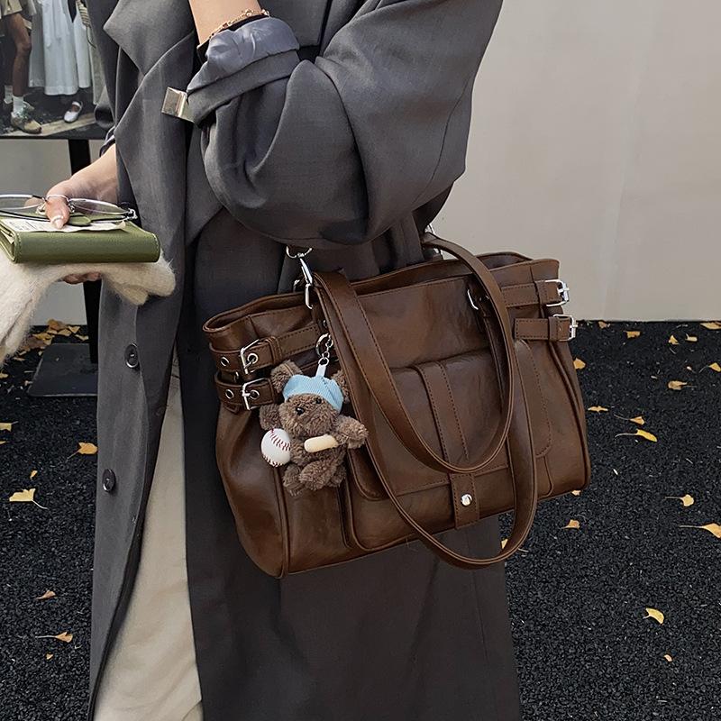 Vintage Tote Bag Women Luxury Belt Buckle Design Multipockets Shoulder Crossbody Bag Large Capacity Casual Handbag With Pendant