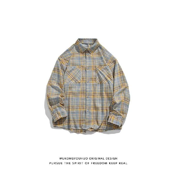 Shirt Long Sleeve Boys Spring New American Style Loose Lapel Plaid Shirt Vintage Trendy Casual Easy Matching Coat