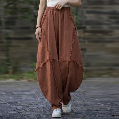 Damskie spodnie vintage bloomers z elastyczną talią, jednokolorowe, letnie, patchworkowe, długie spodnie