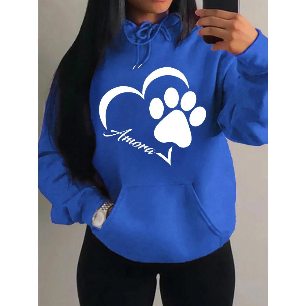 Love And Little Cat Foot Creative Print Women Hoody Fashion Autumn Sweatshirt Pocket Hoodie Sport Style Comfortable