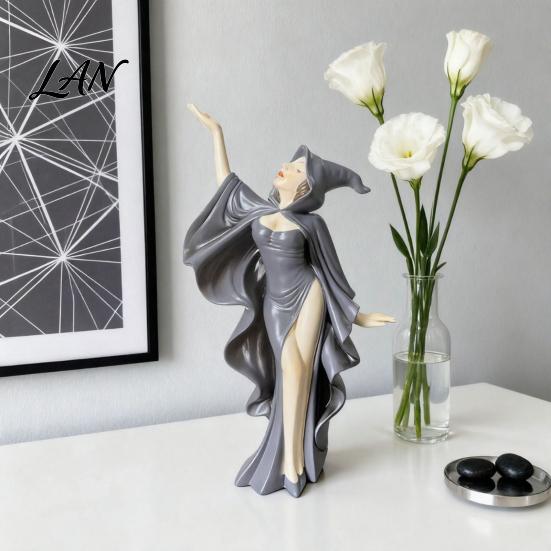 High-end Photography Prop Mysterious Black Cloak Witch Queen Resin Statue, Gothic Elegant Female Stylized Sculpture Figurine, Dark Art for Entryway