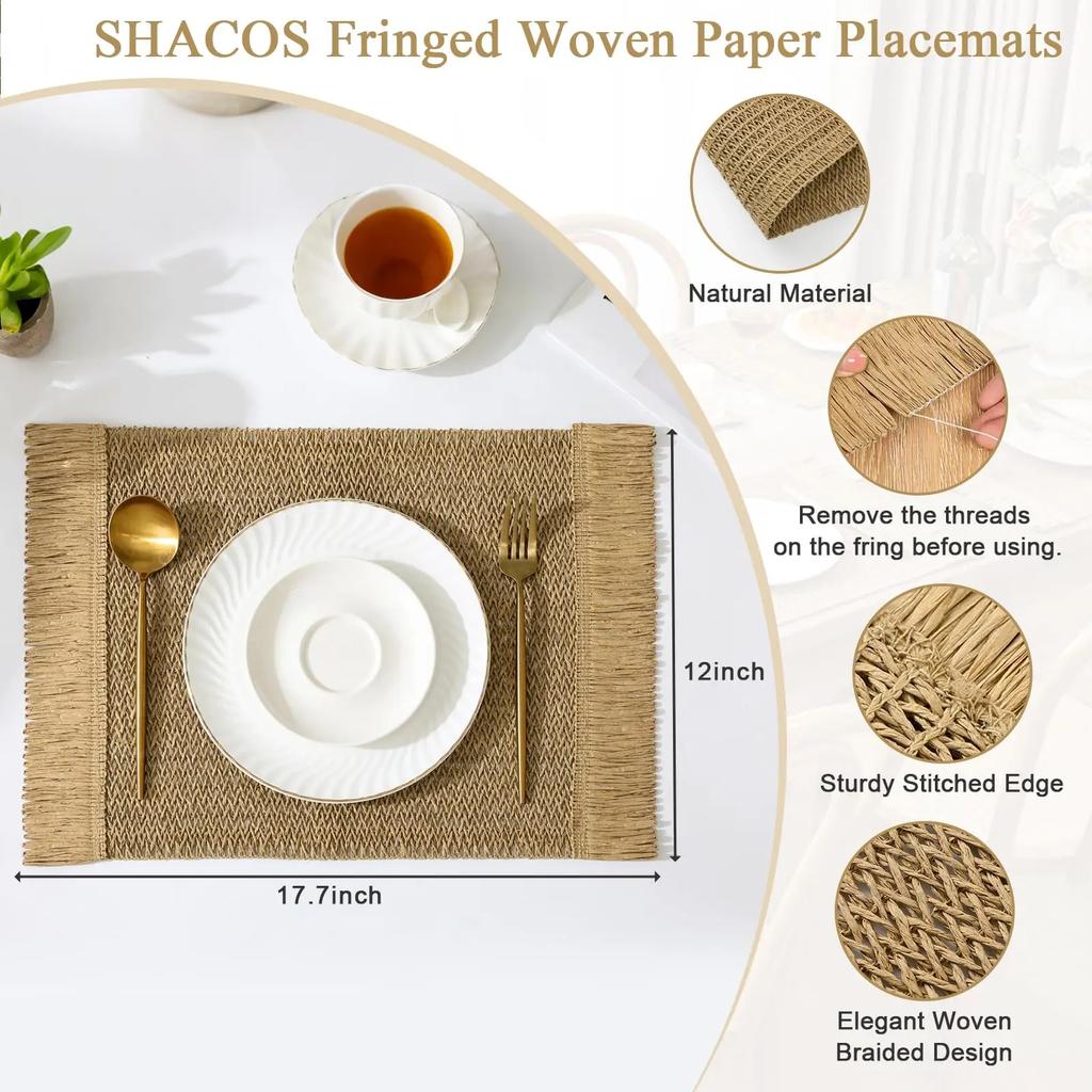 4 PCS Boho Tassel Paper Woven Braided Placemats 12x18inch Aesthetic Natural Rustic Place Mats for Dinner Party Beach Table Decor
