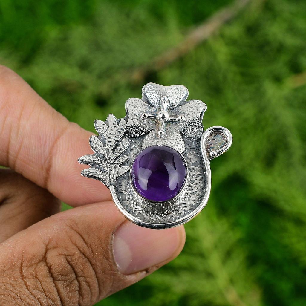 Natural African Amethyst Solitaire Flower Purple Adjustable Ring 925 Silver