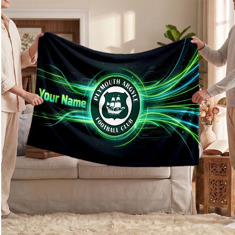 Plymouth Argyle FC Personalized Fleece Blanket With Football Logo, Custom Name Text Soft Warm Home Throw Blanket