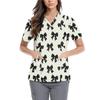 Women's Cute Bow Printed Work Clothes V-neck Double Layer Pockets Basic Short Sleeve Top Pullover